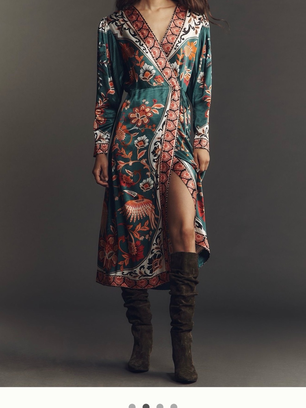 Teal Floral Wrap Midi Dress with Orange Accents
